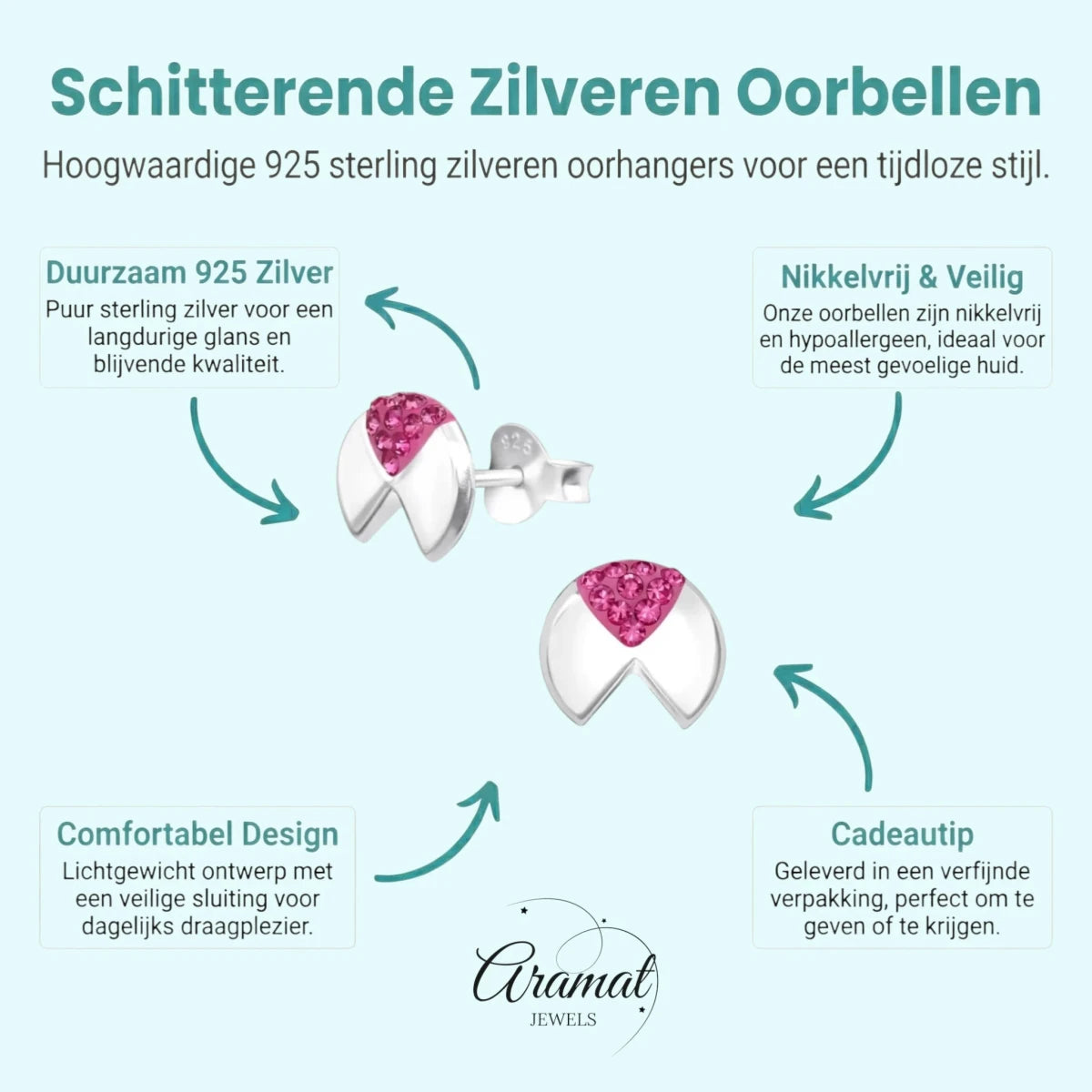 Geometrische Zilveren Oorbellen - met roze kristal - Aramat Jewels - Oorbellen - cadeautip