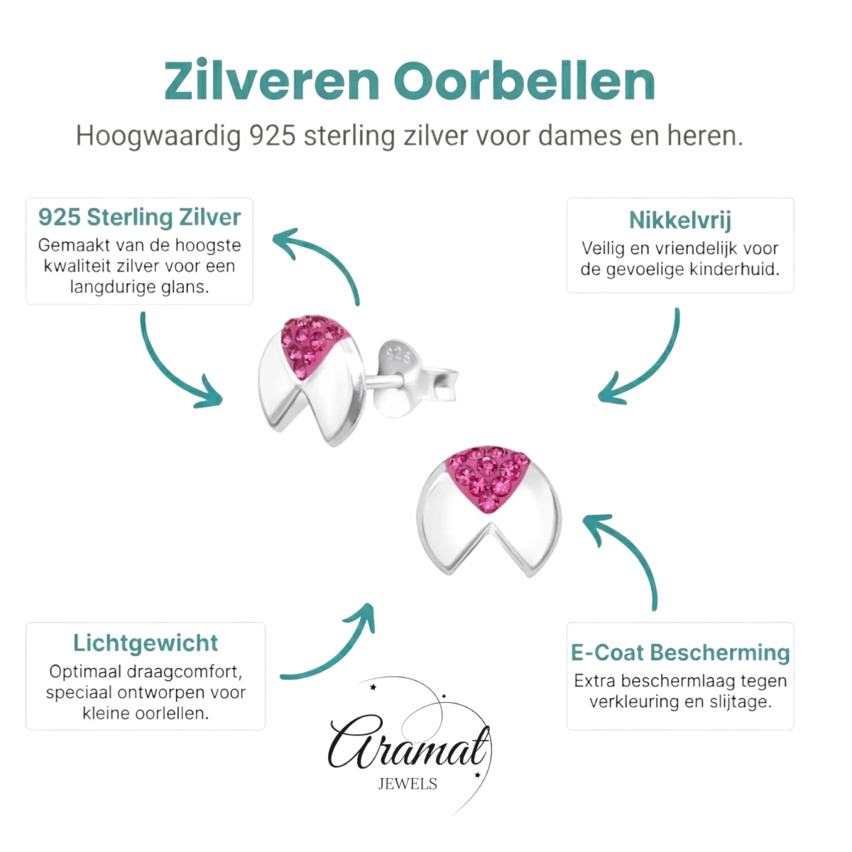 Geometrische Zilveren Oorbellen - met roze kristal - Aramat Jewels - Oorbellen - cadeautip