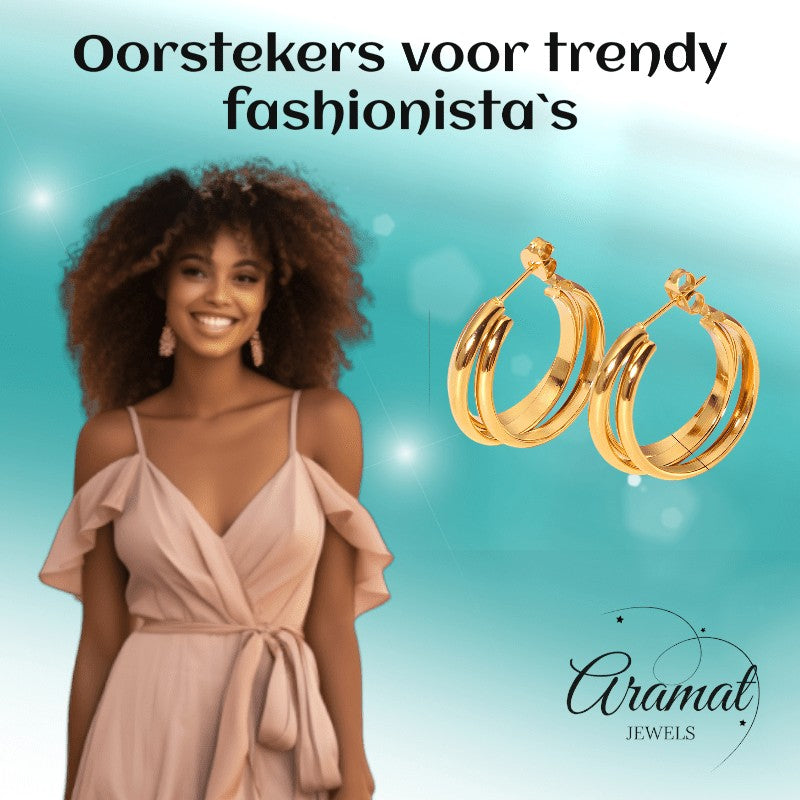 Goudkleurige 3 - Lijns Halve Oorringen 24x9,5mm Twist RVS - Aramat Jewels - RVS Sieraden - Oorbellen - cadeautip