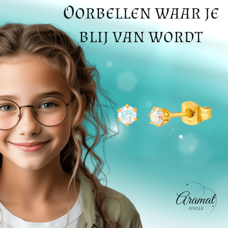 Goudkleurige AB zirkonia oorbellen – 3 mm - oor4381 - Oorbellen kopen# - 3mm - AB - AB Transparant