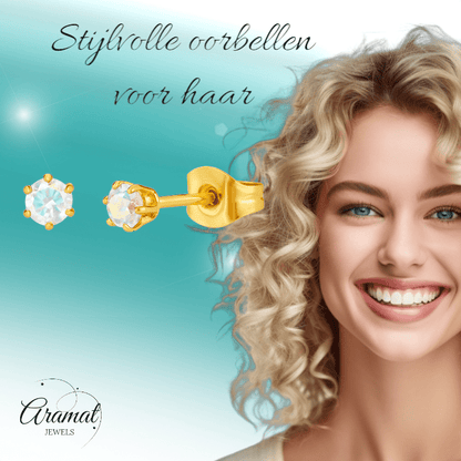 Goudkleurige AB zirkonia oorbellen – 3 mm - oor4381 - Oorbellen kopen# - 3mm - AB - AB Transparant