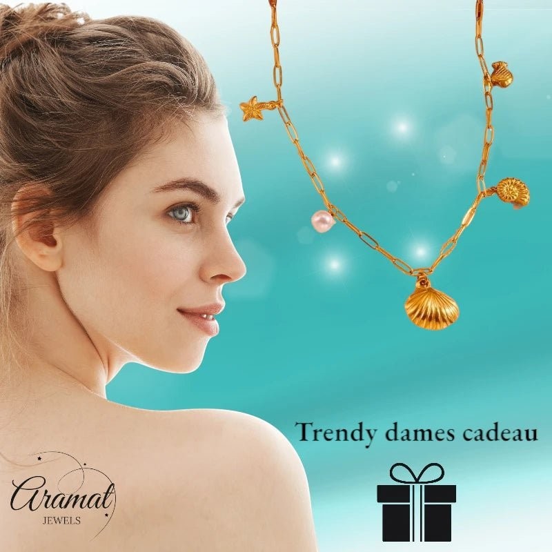 Goudkleurige bedelketting met parel & zeethema - ket1162 - 511145 - Halskettingen kopen# - 45cm - alles - Bedelketting