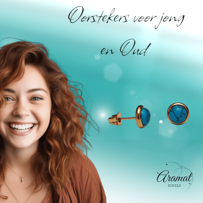 Goudkleurige Boho Oorbellen Blauw Marmer 8mm - oor3235 - Oorbellen kopen# - 8mm - alles - blauw