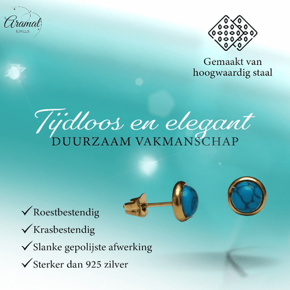 Goudkleurige Boho Oorbellen Blauw Marmer 8mm - oor3235 - Oorbellen kopen# - 8mm - alles - blauw