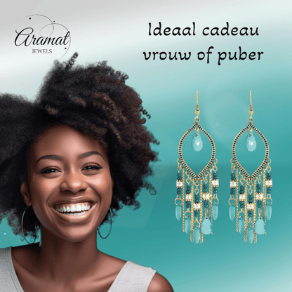Goudkleurige Boho Oorhangers - Druppelvormig - Mint Groen - oor6113 - Oorhangers kopen# - alles - boho - dames