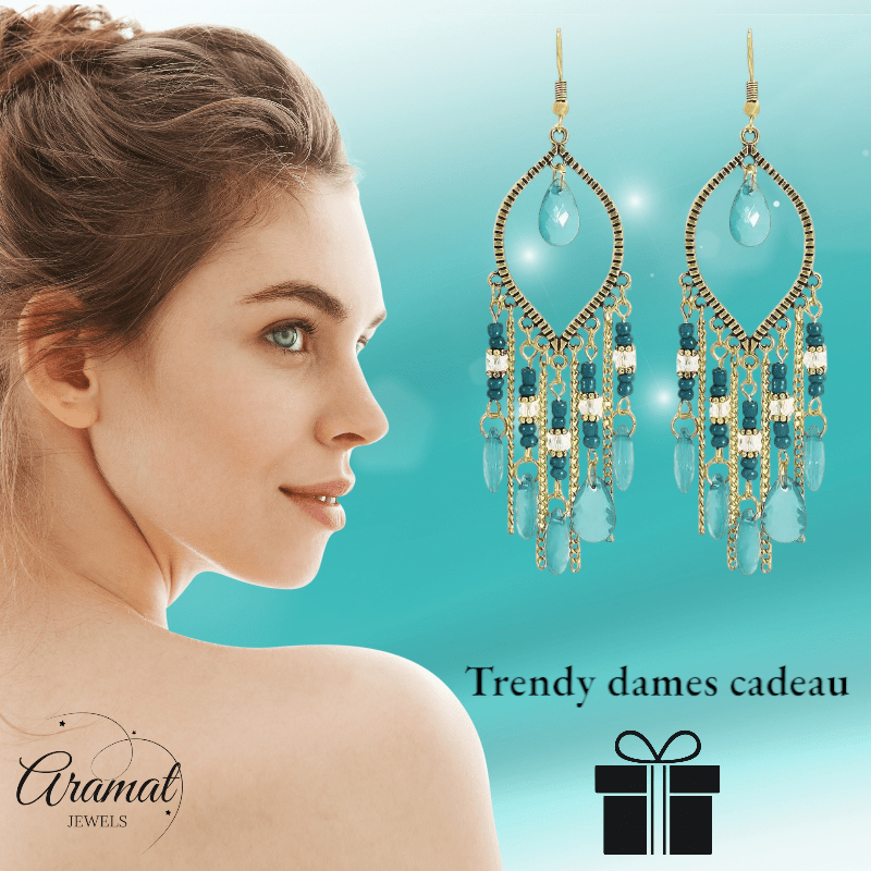 Goudkleurige Boho Oorhangers - Druppelvormig - Mint Groen - oor6113 - Oorhangers kopen# - alles - boho - dames