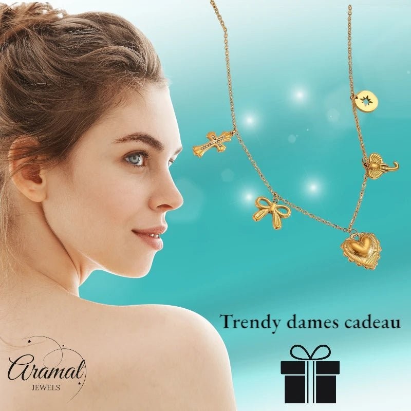 Goudkleurige damesketting met kristal en bedels - ket1167 - 919868 - Halskettingen kopen# - 40cm - alles - Bedelketting
