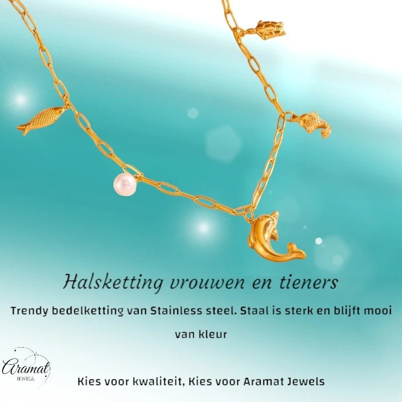 Goudkleurige damesketting met zee - bedels & parel – 45 cm - ket1175 - 511146 - Halskettingen kopen# - 45cm - alles - Bedelketting