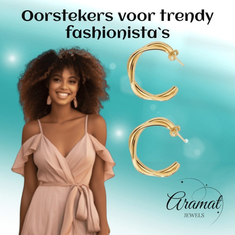 Goudkleurige Gedraaide Halve Oorringen 30x4mm RVS - Aramat Jewels - RVS Sieraden - Oorbellen - cadeautip