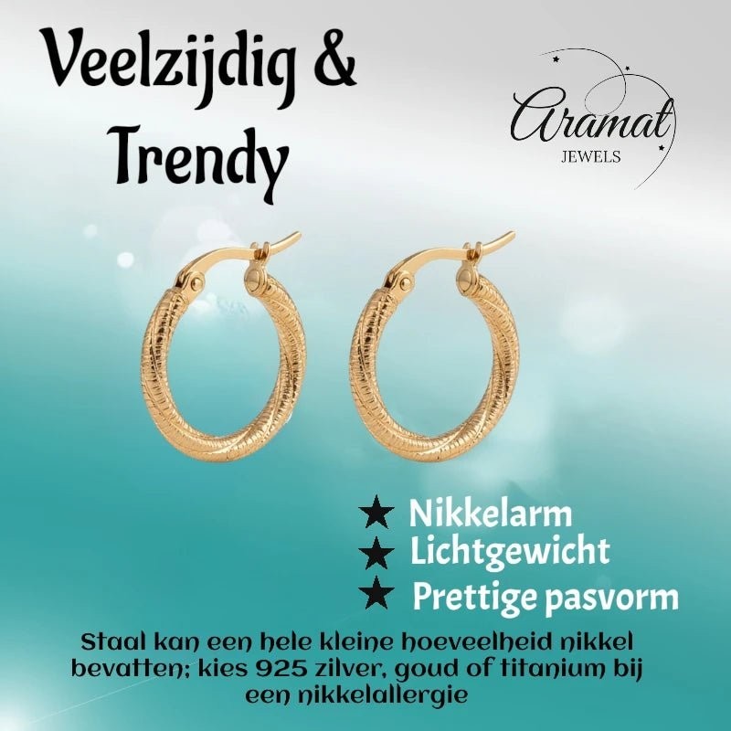 Goudkleurige Gedraaide RVS Hoepeloorbellen - Gediamanteerd - 20 mm - Aramat Jewels - Oorringen - cadeautip