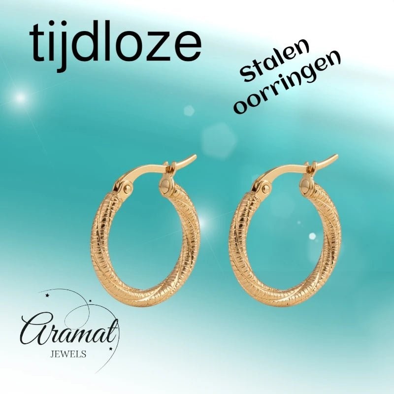 Goudkleurige Gedraaide RVS Hoepeloorbellen - Gediamanteerd - 20 mm - Aramat Jewels - Oorringen - cadeautip
