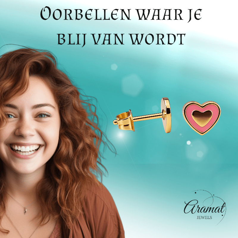 Goudkleurige hartjes oorbellen met roze emaille - oor6074 - Oorbellen kopen# - 6mm - alles - brandfoto