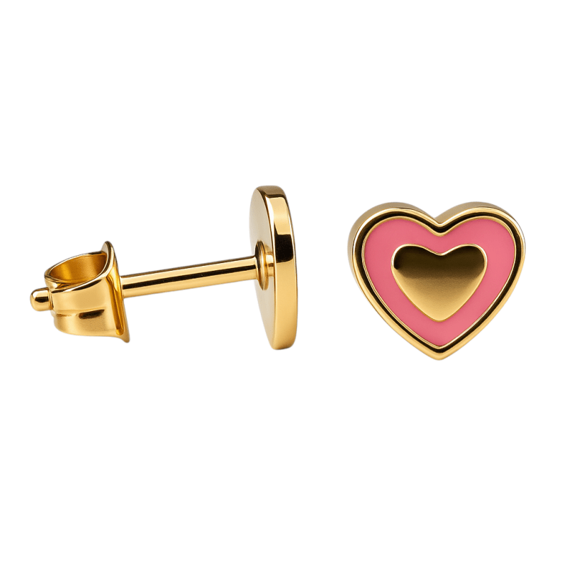 Goudkleurige hartjes oorbellen met roze emaille - oor6074 - Oorbellen kopen# - 6mm - alles - brandfoto