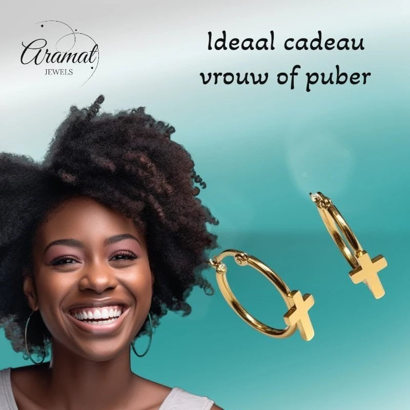 Goudkleurige Hoops RVS met Kruisje - 25mm - Aramat Jewels - Oorringen - cadeautip