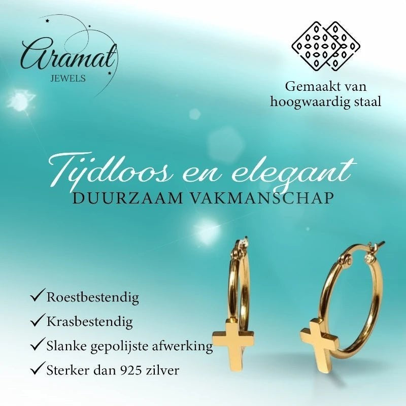 Goudkleurige Hoops RVS met Kruisje - 25mm - Aramat Jewels - Oorringen - cadeautip
