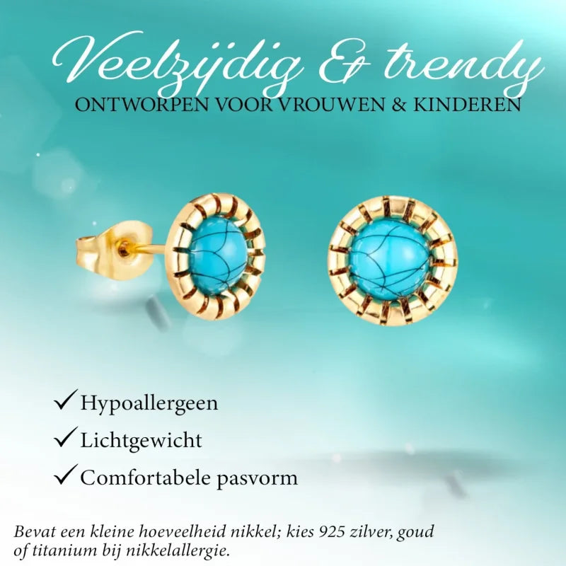 Gouden en turquoise oorbellen.