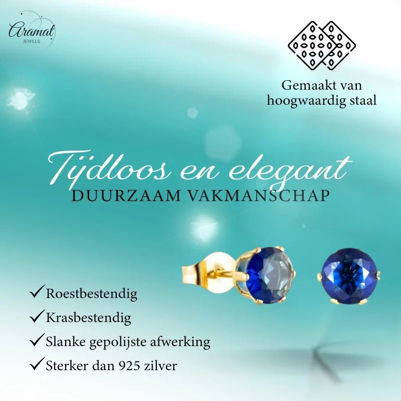 Gouden en blauwe oorbellen.