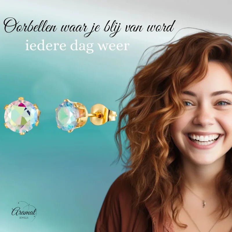 Goudkleurige oorbellen met iriserende edelstenen.