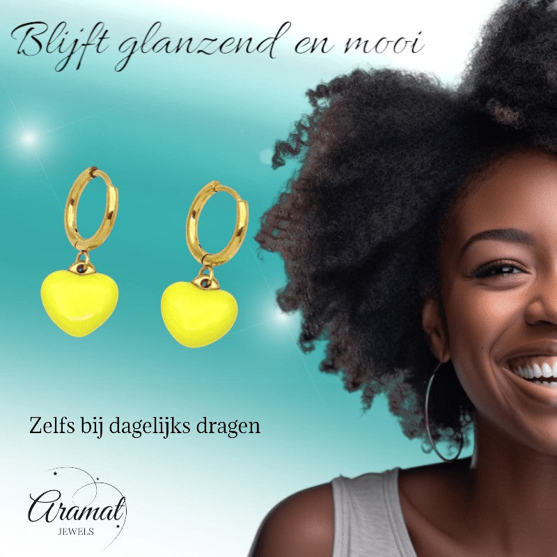 Goudkleurige Oorringen met Geel Hartje - oor6396 - 807433 - Oorringen kopen# - 14mm - alles - cadeau