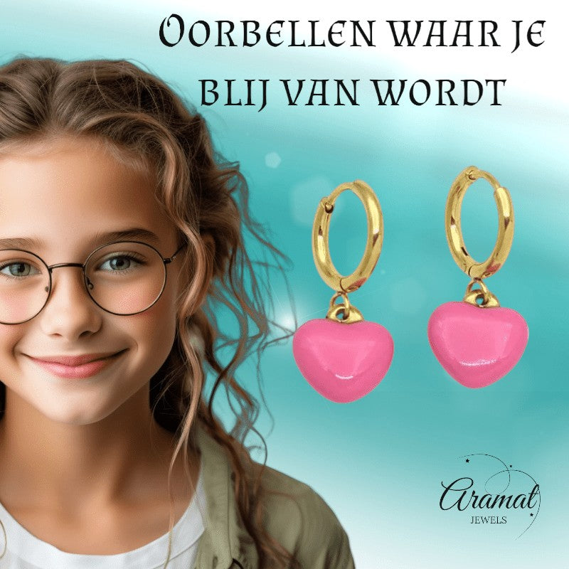 Goudkleurige Oorringen met Roze Hartje - oor6399 - 807430 - Oorringen kopen# - 14mm - alles - cadeau