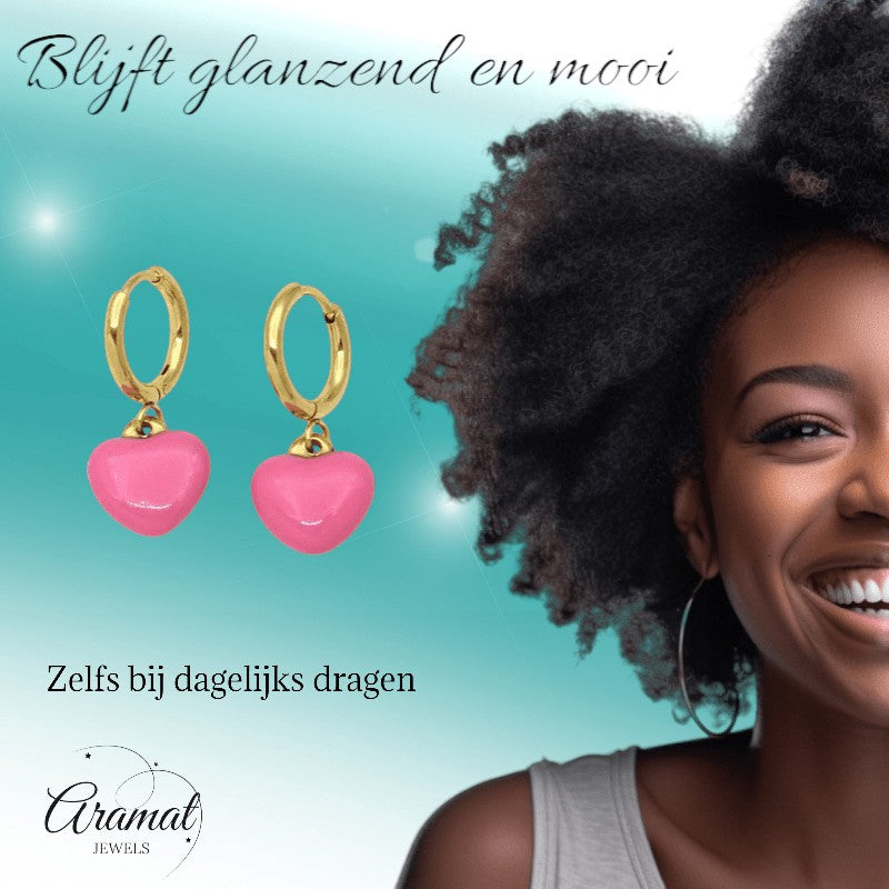 Goudkleurige Oorringen met Roze Hartje - oor6399 - 807430 - Oorringen kopen# - 14mm - alles - cadeau