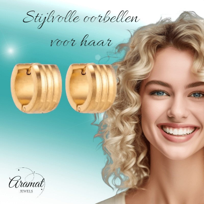 Goudkleurige Oorringen Uniseks - Twee Strepen - 13mm - oor5808 - Oorringen kopen# - 13mm - alles - cadeau