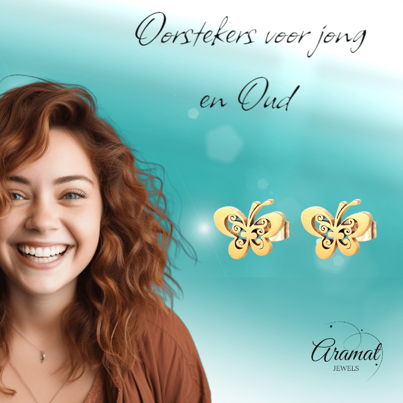 Goudkleurige open vlinder oorstekers 10x8 mm - Aramat Jewels - Oorbellen - cadeautip