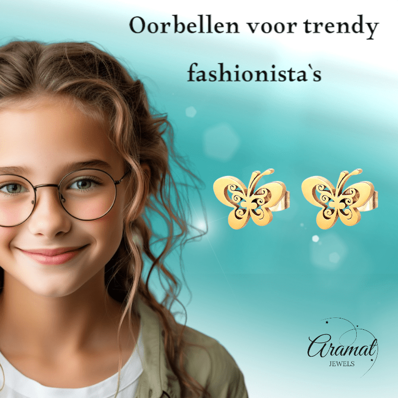 Goudkleurige open vlinder oorstekers 10x8 mm - Aramat Jewels - Oorbellen - cadeautip