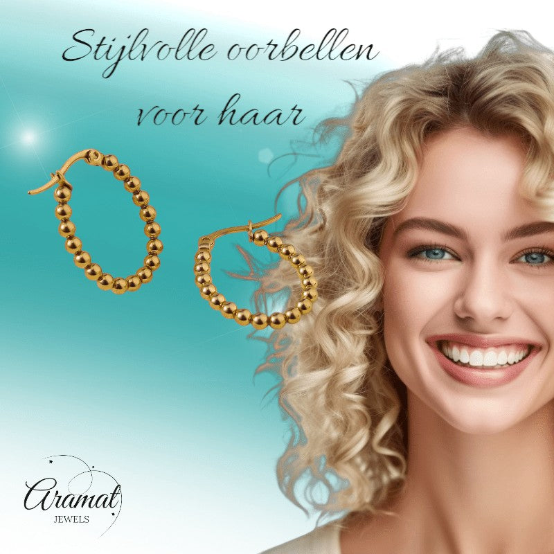 Goudkleurige Ovale Oorringen 25x20mm – Bolletjesdesign – RVS - oor6345 - 514394 - Oorringen kopen# - 25mm - alles - bolletjes