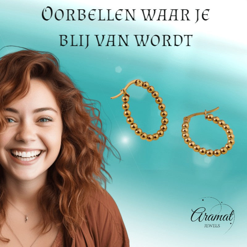 Goudkleurige Ovale Oorringen 25x20mm – Bolletjesdesign – RVS - oor6345 - 514394 - Oorringen kopen# - 25mm - alles - bolletjes