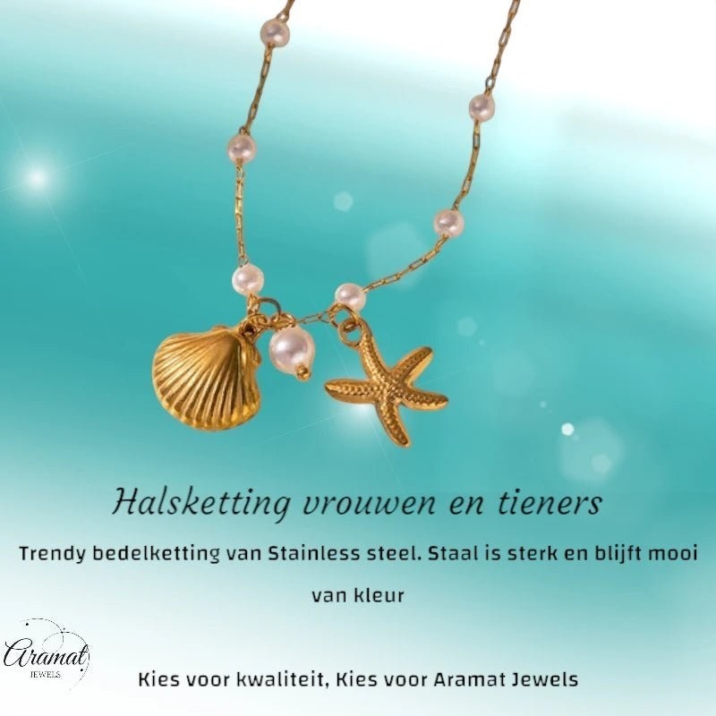 Goudkleurige parelketting met schelp & zeester – 40+5 cm - ket1182 - 599155 - Halskettingen kopen# - 40cm - alles - Bedelketting