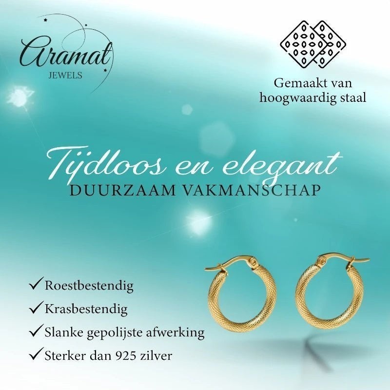 Goudkleurige RVS Hoepeloorbellen met Textuur - 18 mm - Aramat Jewels - Oorringen - cadeautip