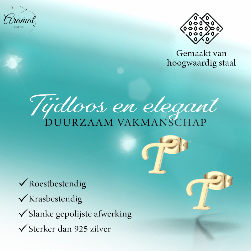 Goudkleurige RVS Letter T Oorbellen – Initiaal - Aramat Jewels - Oorbellen - cadeautip
