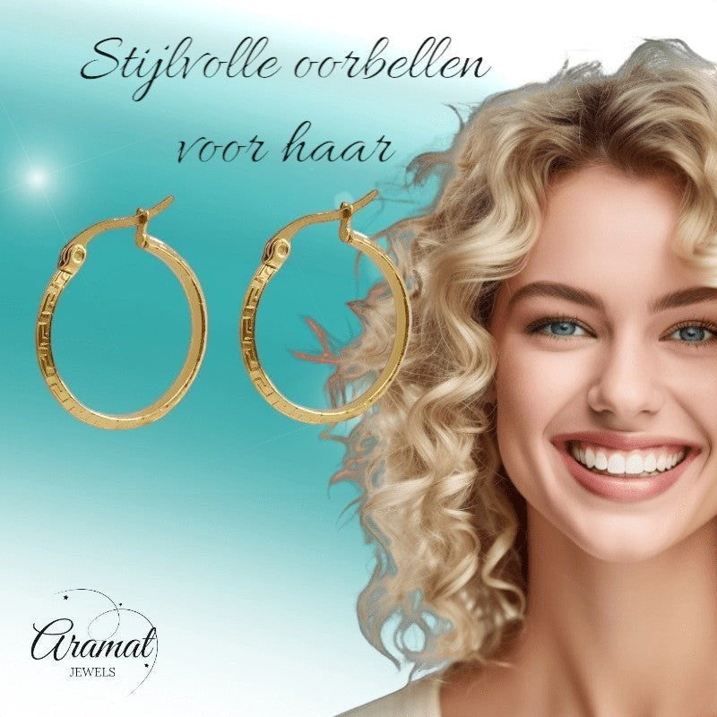 Goudkleurige RVS Oorringen 23mm met Grieks Motief – Versace Style - oor6360 - 1159 - Oorringen kopen# - 23mm - alles - cadeau