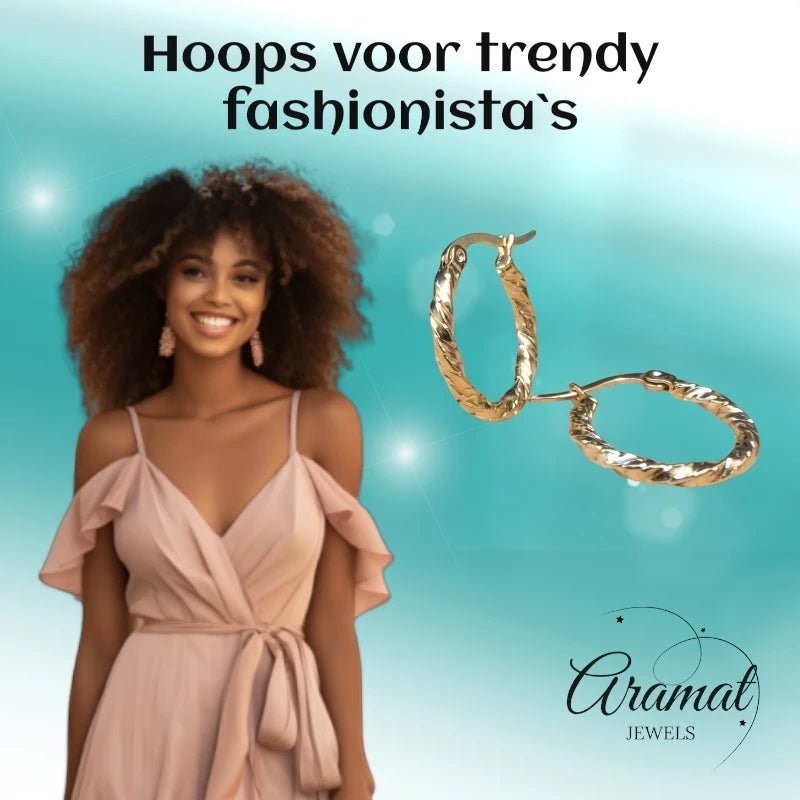 Goudkleurige RVS Oorringen met Gevlochten Design - 20 mm - Aramat Jewels - Oorringen - cadeautip