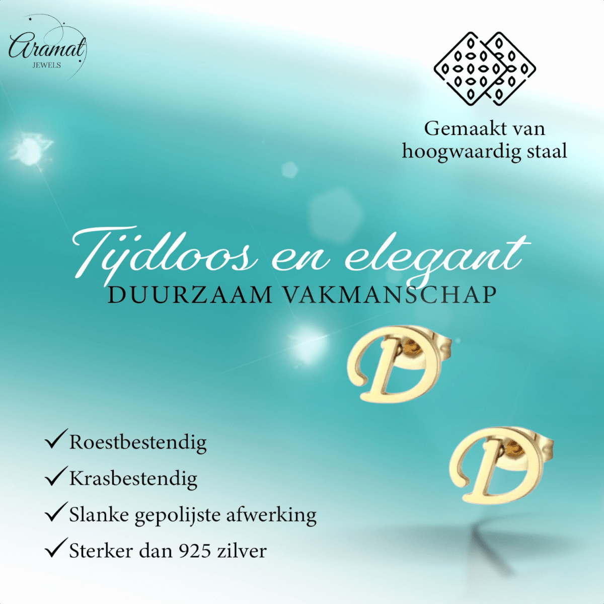 Goudkleurige RVS oorstekers Letter D - Aramat Jewels - Oorbellen - cadeautip