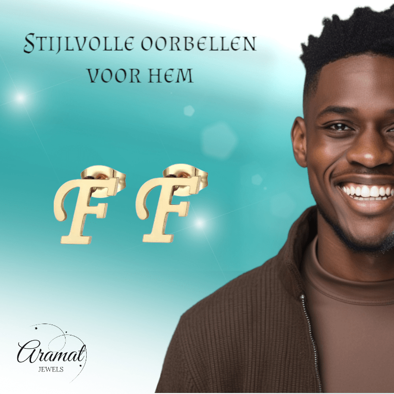Goudkleurige RVS oorstekers Letter F - Aramat Jewels - Oorbellen - cadeautip