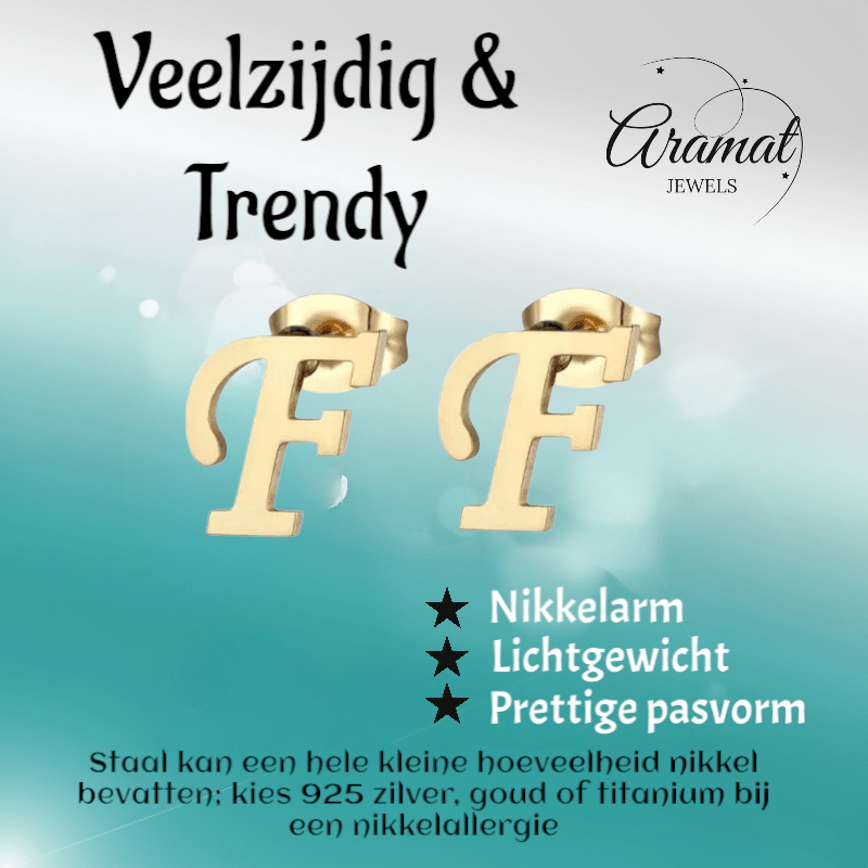 Goudkleurige RVS oorstekers Letter F - Aramat Jewels - Oorbellen - cadeautip