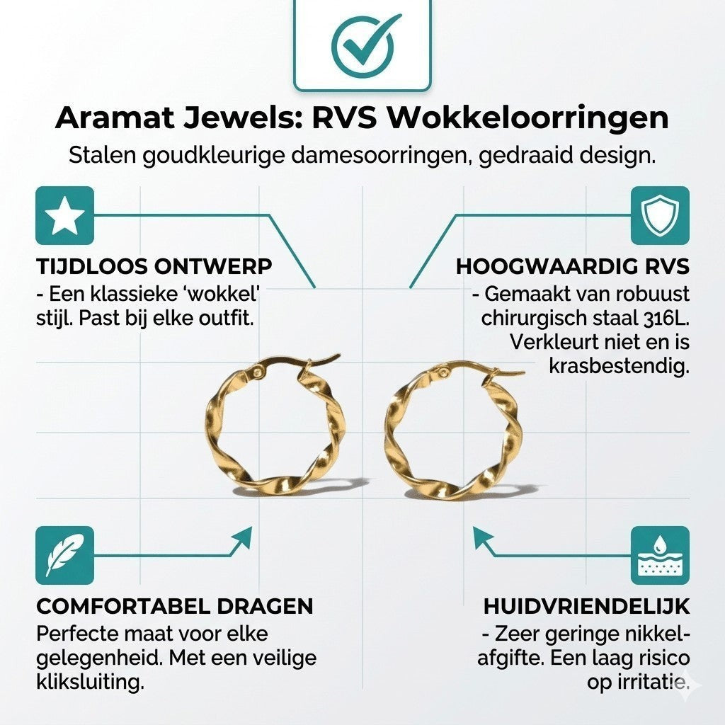 Goudkleurige RVS Wokkeloorringen Gedraaid - 20 mm - Aramat Jewels - Oorringen - cadeautip