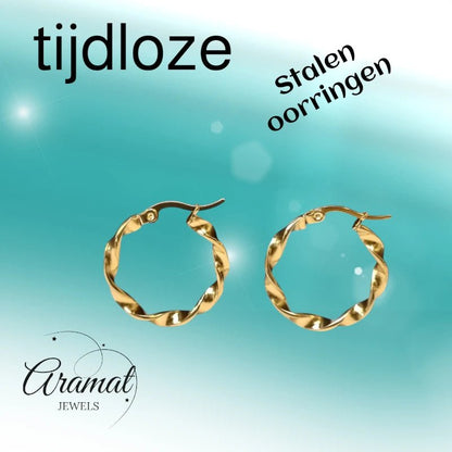 Goudkleurige RVS Wokkeloorringen Gedraaid - 20 mm - Aramat Jewels - Oorringen - cadeautip