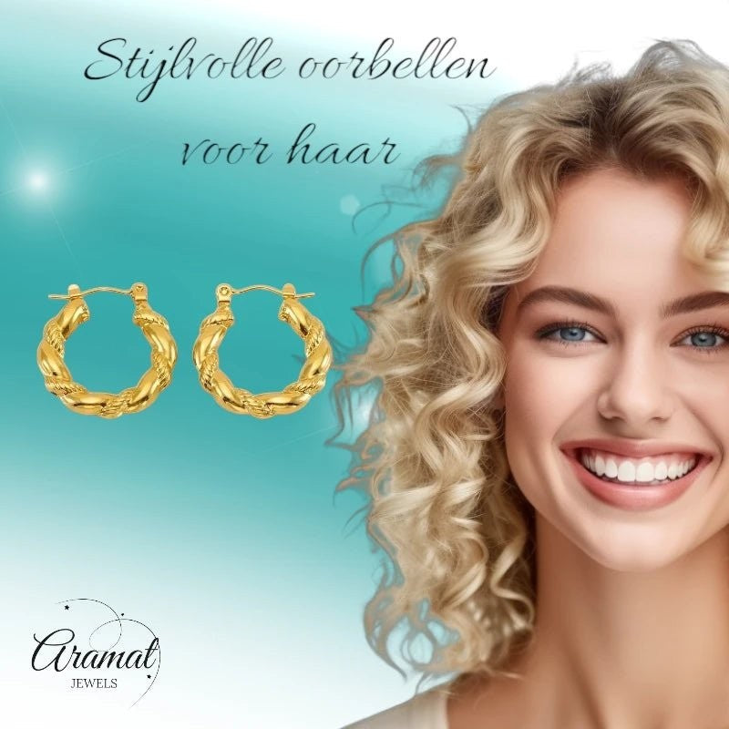 Goudkleurige Stainless Steel Oorringen 22mm - Gedraaid - Creolen - Aramat Jewels - Oorringen - cadeautip