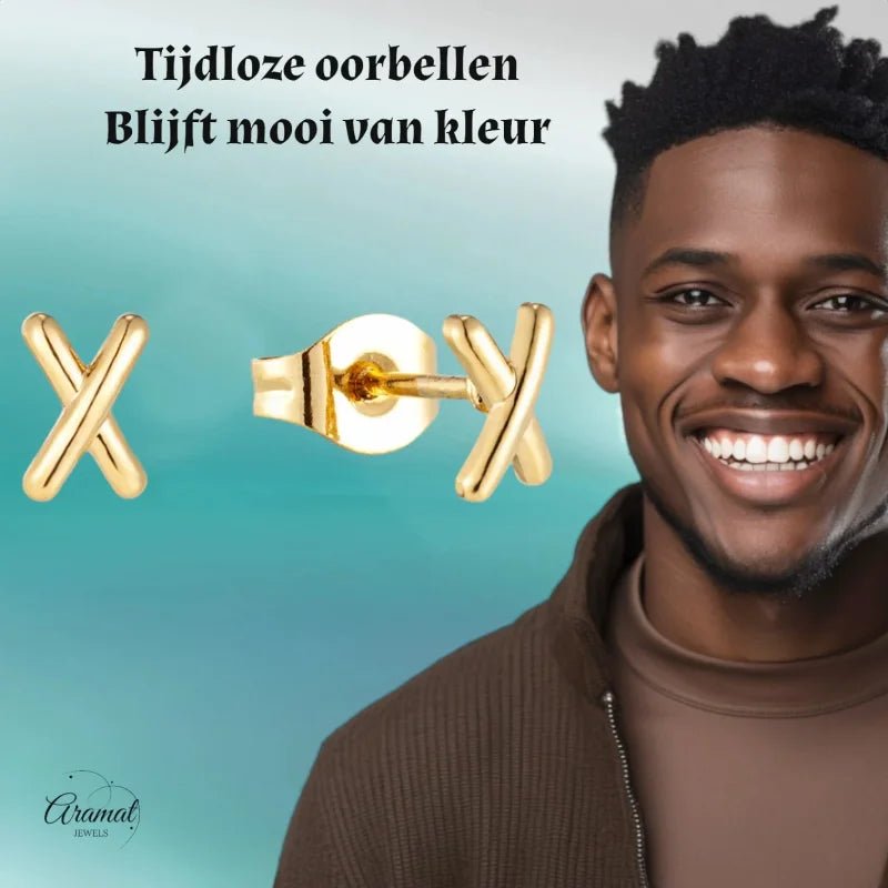 Gouden X-vormige oorbellen.