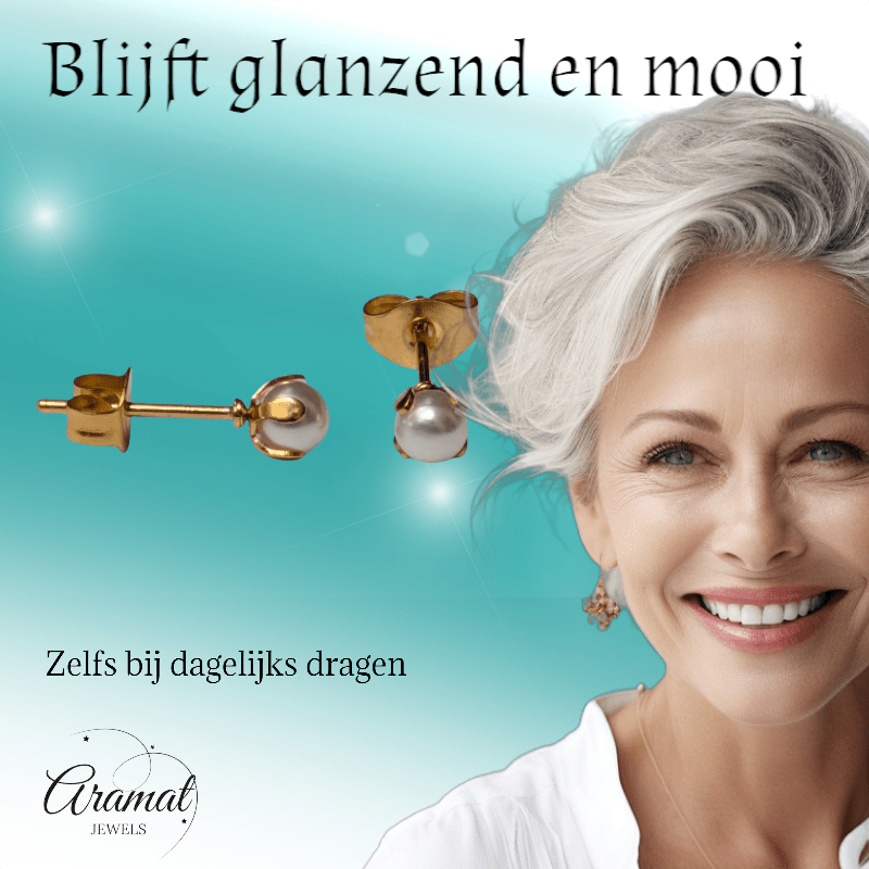 goudkleurige stalen parel oorbellen 4 mm - Aramat Jewels - Oorbellen - cadeautip
