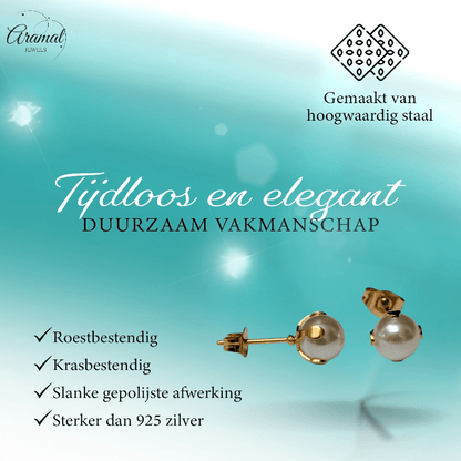 Goudkleurige Stalen Parel Oorbellen 7mm - Aramat Jewels - Oorbellen - cadeautip