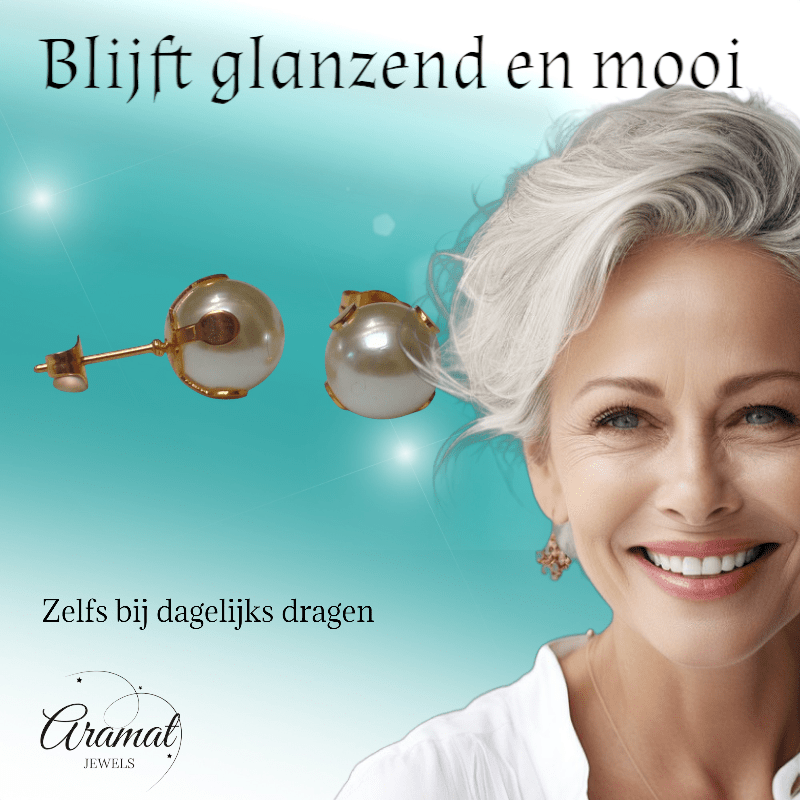 Goudkleurige Stalen Parel Oorbellen 9mm - Aramat Jewels - Oorbellen - cadeautip
