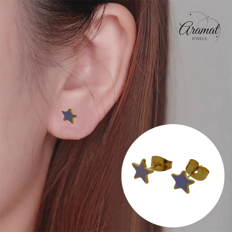 Goudkleurige Ster Oorbellen met Lila Glitters - oor6174 - YY - Oorbellen kopen# - 6mm - alles - cadeau