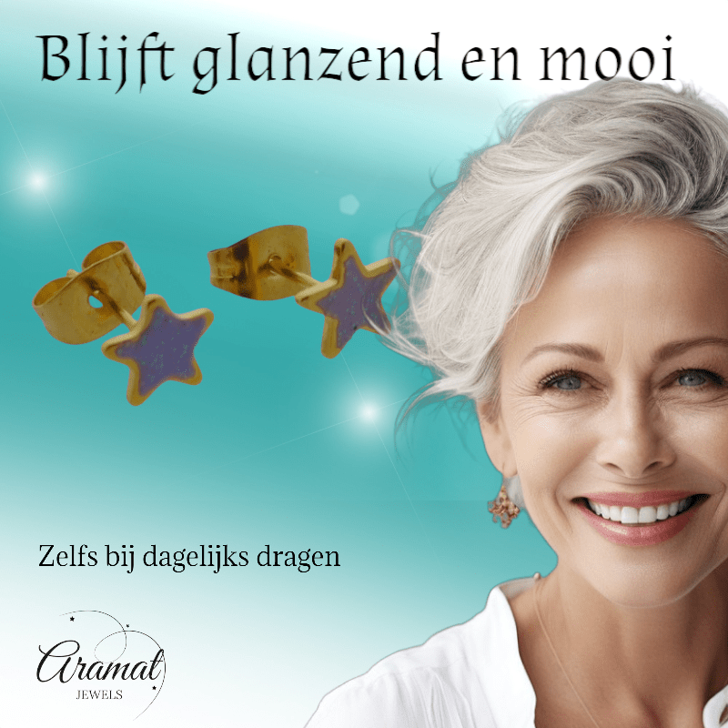 Goudkleurige Ster Oorbellen met Lila Glitters - oor6174 - YY - Oorbellen kopen# - 6mm - alles - cadeau