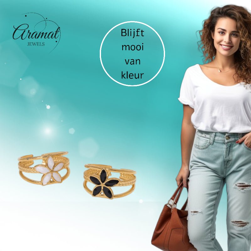 Goudkleurige Verstelbare Ring met Emaille Bloem - Triple Design (12 mm) - Aramat Jewels - Ringen - cadeautip