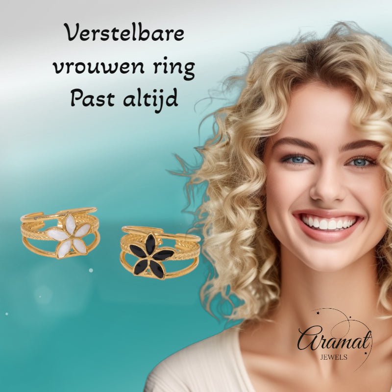 Goudkleurige Verstelbare Ring met Emaille Bloem - Triple Design (12 mm) - Aramat Jewels - Ringen - cadeautip