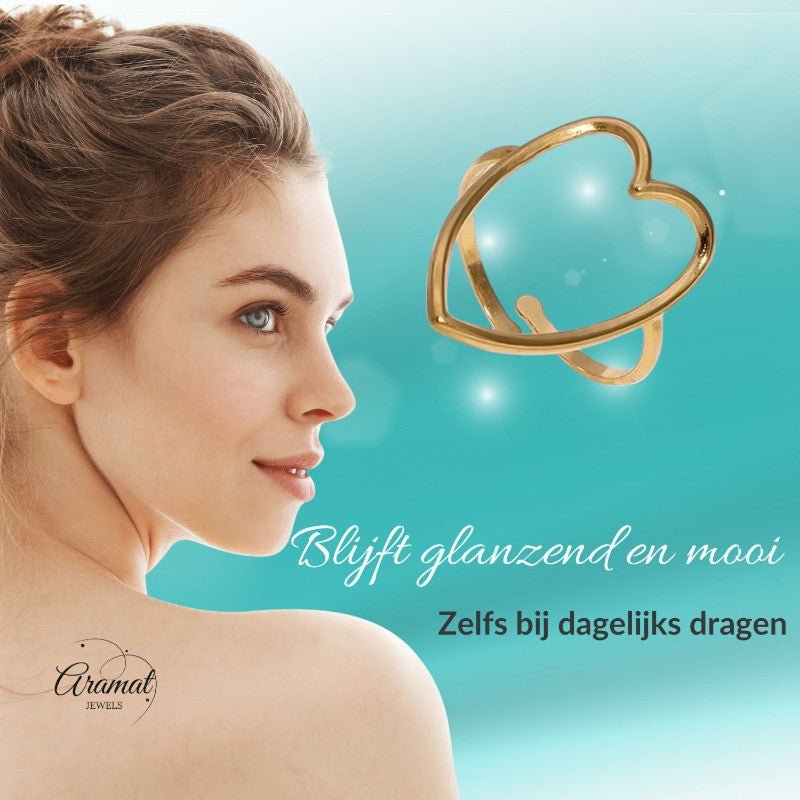 Goudkleurige Verstelbare Ring met Groot Open Hart 26mm - Stainless Steel - ring353 - 73898 - Ringen kopen# - Goudkleur - alles - boho